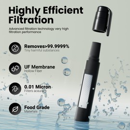 Water Filter Outdoor Camping, Drinking Water Filter for Survival, Hiking and Emergencies - High Filter Performance Removes 99.99% of All Bacteria and Filters Viruses, Particles and Heavy Metals (Black