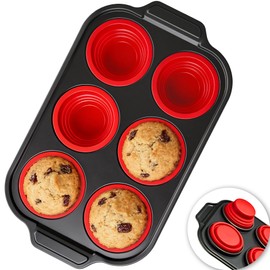 HE-SANQI Silicone Muffin Pan for Baking with Metal Reinforced Frame - 6 Cups Regular Size Cupcake Pan Muffin Tins Egg Bite Molds - Nonstick, Easy to Pop, Bakeware for Oven, BPA Free (6-Cups Red)