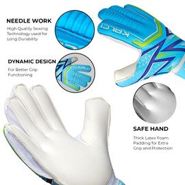Kalci Soccer Goalie Gloves Adult for Ultimate Grip & Finger Protection. Thick Latex Foam Padding Kids Soccer Goalkeeper Gloves. GK Gloves with Hook & Loop Strap Wrist Support (Blue-Size-5)