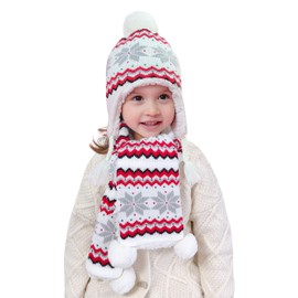 ANIMQUE Girls' Knitted Hat Scarf Fleece Lined Winter Children Baby Thermal Pom Pom Beanie Hat Neckerchief, Set of 2 fleece snowflake, white