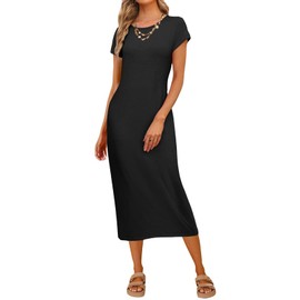 MEROKEETY Women's 2025 Summer Short Sleeve Tshirt Dress Casual Crew Neck Beach Long Maxi Dresses, Black, M