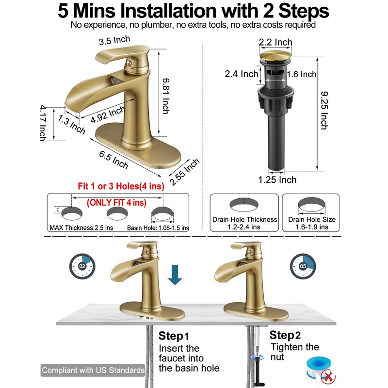 HOIGY Waterfall Faucet, Brass Gold Bathroom Faucet 1 Hole, 1