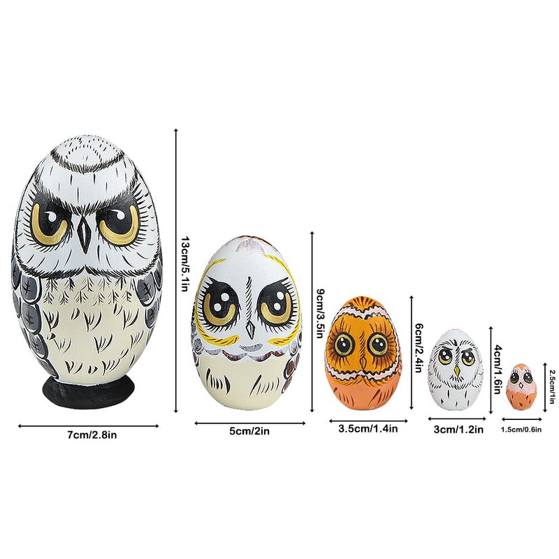5 Pcs Wooden Owl Dolls Handmade Matryoshka Doll Egg Stackable