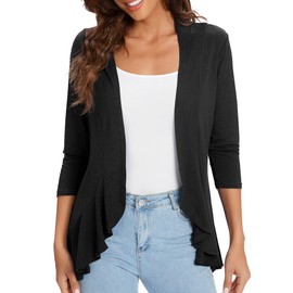 Urban CoCo Women's Casual Lightweight Open Front Cardigan Soft Draped Ruffles 3/4 Sleeve (Black, M)
