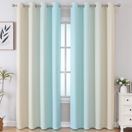 Estelar Textiler Aqua and Beige Gradient Blackout Curtains 84 Inches Long, Thermal Insulated Ombre Blackout Drapes for Bedroom, Room Darkening Energy Saving Curtains for Living Room, 52Wx84L, 2 Panels