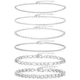 Wrlcorly 6PCS 18k Gold Plated Stainless Steel Ankle Bracelets for Women Waterproof Layered Herringbone Figaro Bead Paperclip Rope Tennis Box Cuban Link Rolo Satellite Chain Anklets Set Gold Tone, 3mm,