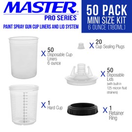 Master Paint System MPS Disposable Paint Spray Gun Cup Liners and Lid System, 50 Pack Mini Size 6 Ounce (180ml) Kit 50 Cup Liners, 50 Lids with Strainer, 1 Hard Cup with Retainer Ring and 20 Plugs