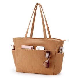 WLLWOO WLLWOO Large Corduroy Tote Bag for Women, Zipper Casual Shoulder Hobo Bag with Pockets for Travel Work College, Brown