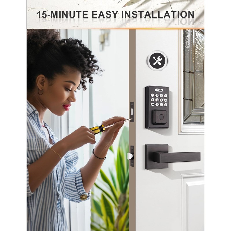 Tinewa Square Keyless Entry Door Lock with 2 Lever Handles,