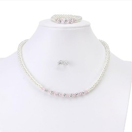 LZMEI 5mm White 14.5in Faux Glass Imitation Pearls Necklace Bracelet Earring Pink Glass Imitation Crystal Pendant Jewelry 3 set gifts For Women