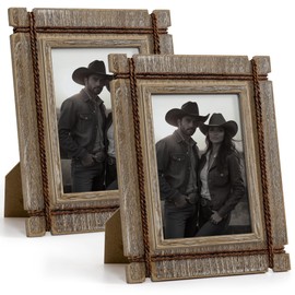 Afuly 5x7 Picture Frames Set of 2 Rustic Wood Farmhouse Distressed Western with Real Glass & Hemp Rope Unique Wall Hang Desktop Photo Display Home Decor Birthday Gifts for Mom Dad Friends