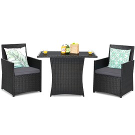 Tangkula 3 Pieces Patio Dining Set, Space-Saving PE Rattan Bistro Set with Tempered Glass Top Table and Cushioned Chairs, Outdoor Conversation Set for Garden Backyard Poolside Porch (Gray)