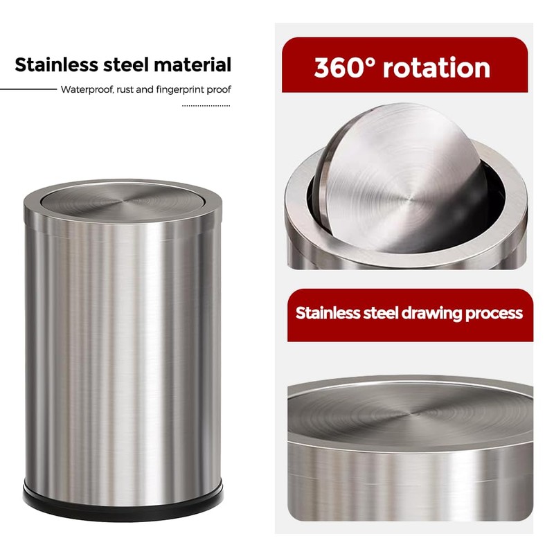 LEASYLIFE Brushed Nickel Bathroom Trash Can,Stainless Steel Garbage Can with