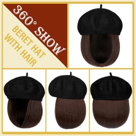 Lansigreen Hat Wig Beret Hat with Hair Extensions Classic French Wool Hat Attached 12" Straight Short Bob Hairpiece Synthetic for Women Medium Brown