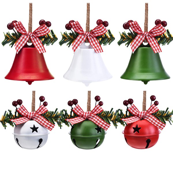 6 Pieces Christmas Bell Ornaments 2023 Xmas Tree Hanging Decorations Large Size Bells with Star Cutouts Anniversary Bells with Holly Berry for Crafts Holiday Party Favors Supplies (Red, White)