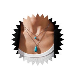TseenYi Boho Teardrop Turquoise Necklace Layered Turquoise Pendant Necklace Gold Circle Turquoise Choker Necklace Vintage Layering Turquoise Water Drop Necklace Jewellery for Women and Girls, Zinc