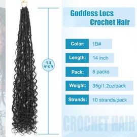 IIFLYDSFA Boho Faux Locs Crochet Hair 14 Inch 8 Packs Goddess Locs Crochet Hair with Curly Ends Natual Black 1B# Pre-looped Bohemian River Locs Hair for Women