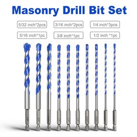 10 Pack 5/32 to 1/2 inch Concrete Drill Bit Set,Masonry Drill Bit Set with Hex Shank,Carbide Tip Drill Bits for Concrete, Tile,Brick, Plastic, Cement (5/32" - 1/2"（10 Pcs）)