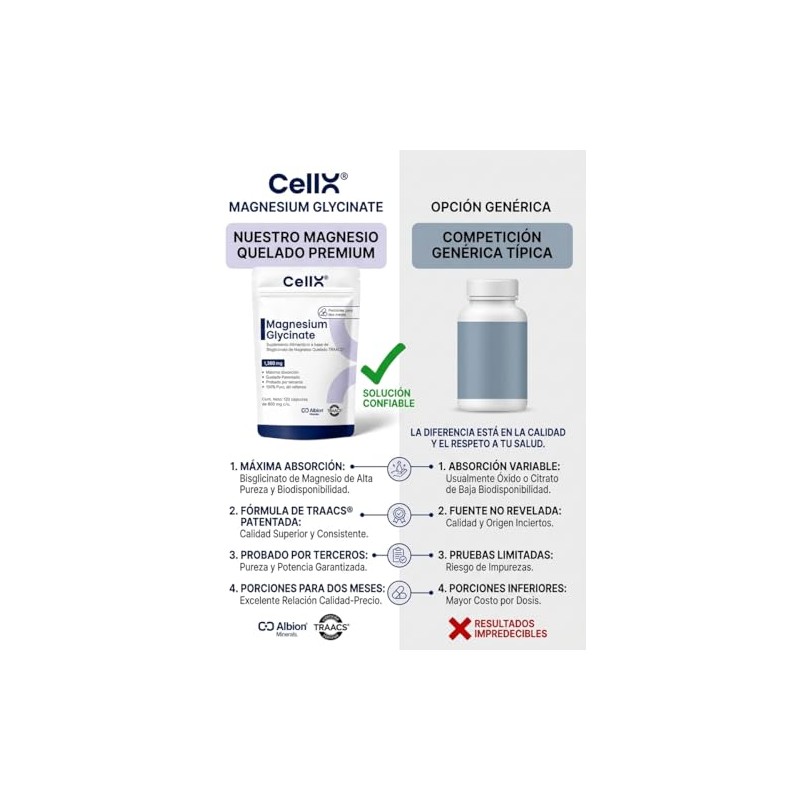 Cellx Magnesio Glicinato Quelado Traacs Albion 120 Cápsulas Porciones Suplemento