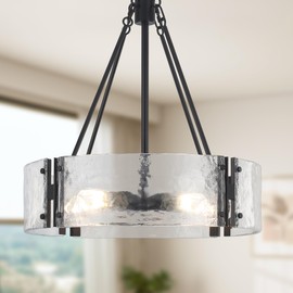 Febeleven 5-Lights Modern Glass Drum Chandelier Light Fixture 19.29" Black Pendant Light Over Table Adjustable Hanging Light Fixtures for Dining Room Kitchen Island and Foyer