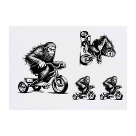 4 x 'Bigfoot Riding Tricycle' Temporary Tattoos - Water Resistant, Skin-Safe, Non-Toxic Transfers, Mixed Sizes (TO00085136)