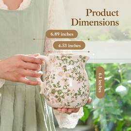 Vintage White and Green Floral Ceramic Vase with Handle, Retro Ice Glazed Crack Farmhouse Pitcher Vase for Home Decor, Living Room, Shelf, Office, Rustic Table Centerpiece 6 Inch