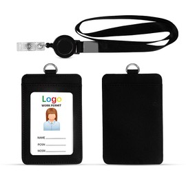 HYCOPROT Soporte para tarjetas de identificación con cordón, de piel sintética, retráctil, vertical, horizontal, con 1 ventana de identificación transparente y 1 ranura para tarjetas de crédito para oficina y escuela (vertical, negro)
