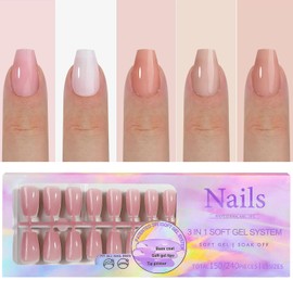 GZMAYUEN Coffin Press On Nails, Medium Size Pre-Coloured Gel Nails for Sticking, Coffin Nail Tips, 5 Colours, Soft Fake Nails, Artificial Nail Set, 150 Pieces Fingernails for Sticking