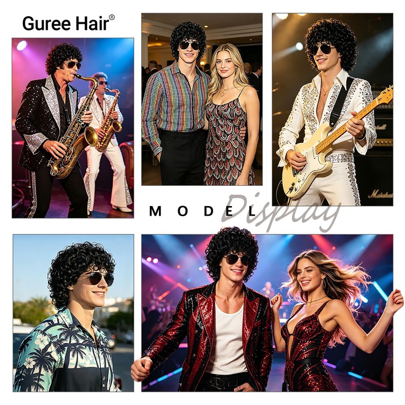 Gruee Hair Black Curly Wig + Glasses for Men Disco