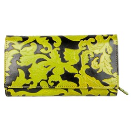 Bright Light Green-Black Genuine Leather Wallet with Leaves Ornamental Stamping