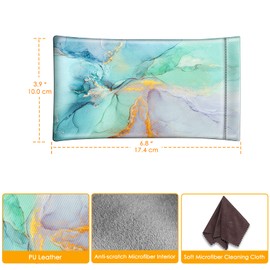 [2 Pack] Fintie Eyeglasses Pouch with Cleaning Cloth, Portable Squeeze Top Leather Glasses Case Sunglasses Bag, Emerald Marble + Blooming Hibiscus