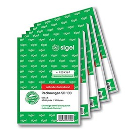 SIGEL SD133/5 Invoices Consecutively Numbered, Unique 7 Digit Number as Required by the Tax Office, A6, 2 x 50 Sheets, Self-Copying, Pack of 5, with Filing Holes