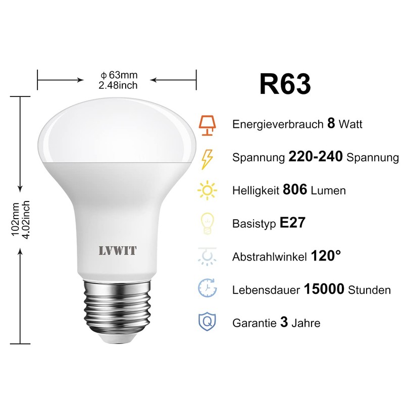 LVWIT LED Reflektor E27 R63, 806 lm, Warmweiß 2700K, 8W