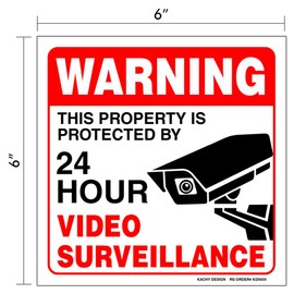 (Set of 4) WARNING 24 HR Video Surveillance Sign | 6" x 6" | 4 Mil Vinyl | LAMINATED For Ultimate Protection & Durability | Self Adhesive Decal | UV Protected & Weatherproof | Heavy Duty