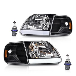LQI LED Style Headlights Assembly & Corner Parking Lights Kit Set Compatible with 1997-2002 Ford Expedition/ 1997-2004 Ford F150/ 1997-1999 F250 Clear Lens Amber Reflector