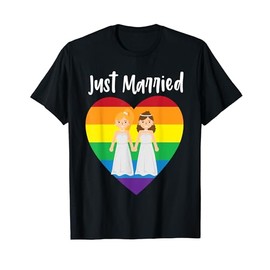 Just Married Double Bride Lesbian Pride Rainbow Color Print T-Shirt
