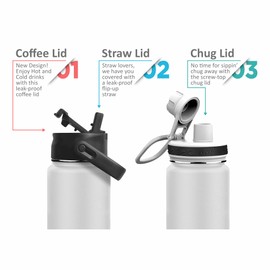 Water Bottle Stainless Steel Double Wall with 3 Leak-Proof Lids - Chug, Straw & Coffee Lid | Keeps Drinks Cold for 24 Hours and Hot for 12 Hours | BPA-Free Wide Mouth Metal Vacuum Flask (White (24oz)