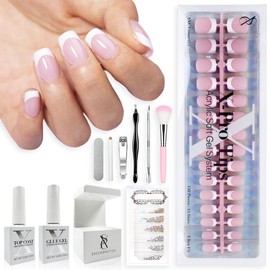 SXC Cosmetics French Tip Press On Nails, Pink Starter Kit, Ultra Fit with Pre-applied Tip Primer and Base Coat, Nail Art DIY X-Pro Tips Kit Nail Care:_Short Square Kit