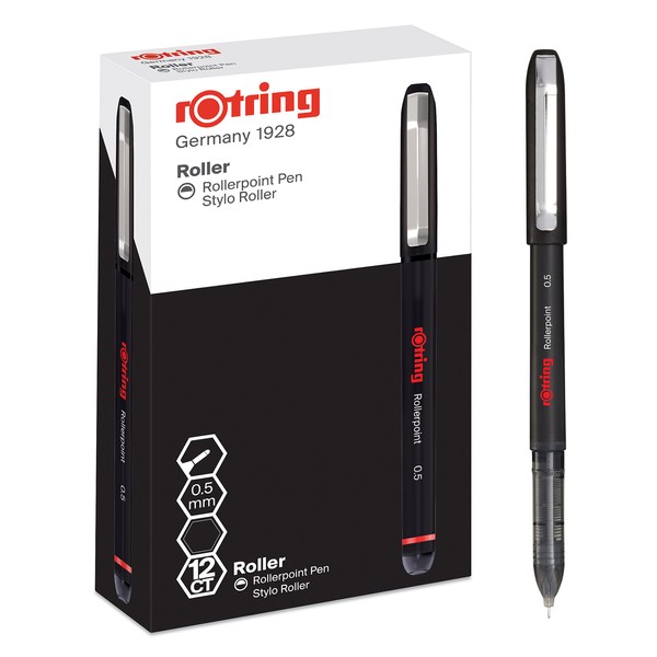 rOtring Rollerball Pen | Needle Point (0.5 mm) Rollerpoint for Precise Writing | Black Ink | 12 Count