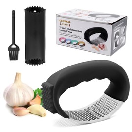 Bemodst Garlic Pressing Rocker set, 304 Food Grade Stainless Steel Garlic Masher, Two in One Peeler, Ergonomically Designed Handle, Easy to Use and Easy to Clean with Garlic Cleaning Brush. (Black)