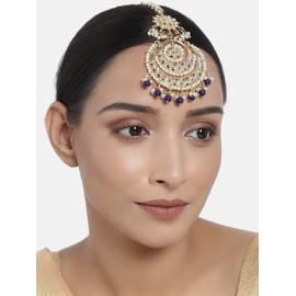 I Jewels Kundan chapado en oro de 18 quilates con perlas Bollywood estilo indio para novia, boda Maang Tikka joyería para mujer azul