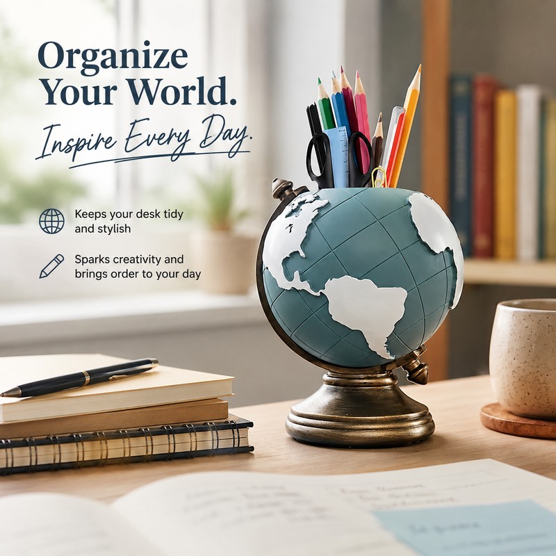 Globe Pen Holder for Desk Organization – Resin Geographic Pencil