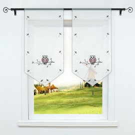 CORLIF Voile Net Curtain with Drawstring, Kitchen, Transparent Embroidered Bistro Curtain with Tassel, Window Curtains, Owl Pattern, W x H 40 x 90 cm, Grey, Pack of 1