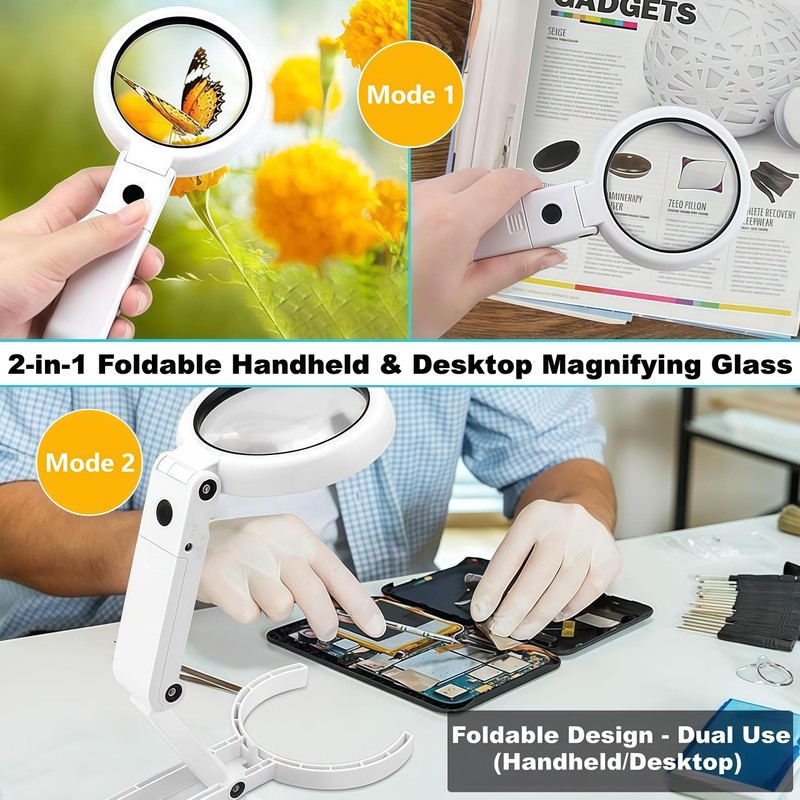 Magnifying Glass with Light and Stand, Foldable Handheld Large Magnifying