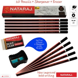 NATARAJ Ultimate Quality - 10 Hexagonal Wooden Pencils Eraser Sharpener - Bold Writing