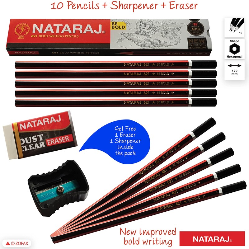 NATARAJ Ultimate Quality - 10 Hexagonal Wooden Pencils Eraser Sharpener