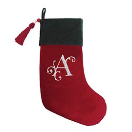 Christmas Stocking Red & Green Velvet with Tassel, Rhinestone Monogram (A)