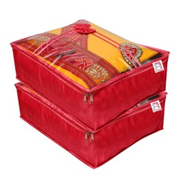 atorakushon 2 Piece Fabric Satin Saree Cover Clothes Storage Bags Set With Transparent Window Extra Large Wardrobe Garments Organizers (Maroon)