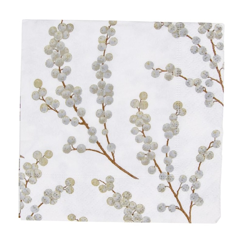 Caspari Berry Branches Paper Cocktail Napkins in White & Silver