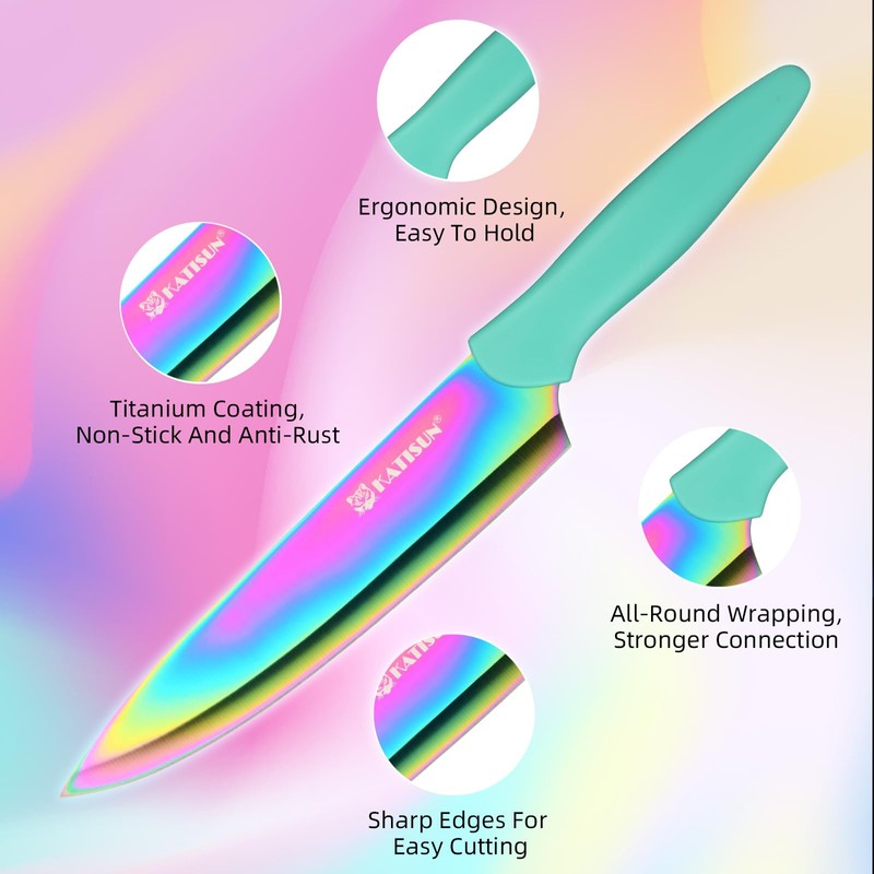 KATISUN Kitchen Knife Set with Block, 15 Piece Rainbow Titanium